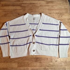 On 34th Cardigan Women Large Striped Preppy Cropped Knit Button Down